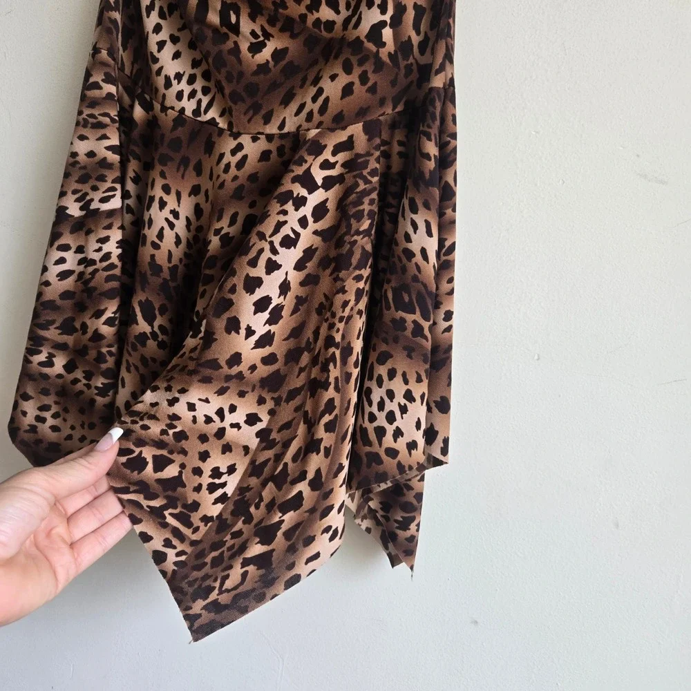 Vtg Y2K Forever 21 Medium Tube Dress Women Brown Leopard Ruched Handkerchief Hem